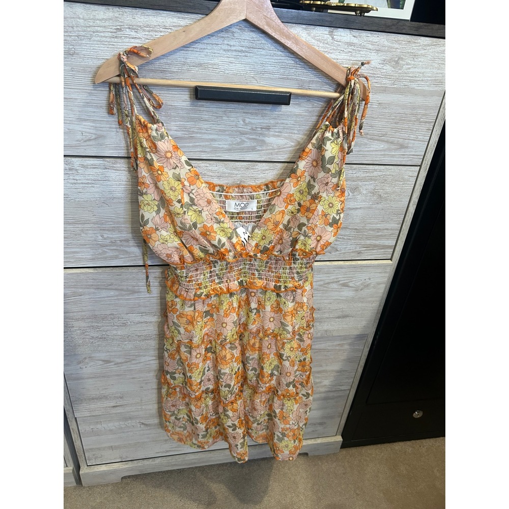 Mod On Trend Tie Strap Tiered Dress Orange Floral Smocked Mini OffKD5736 L